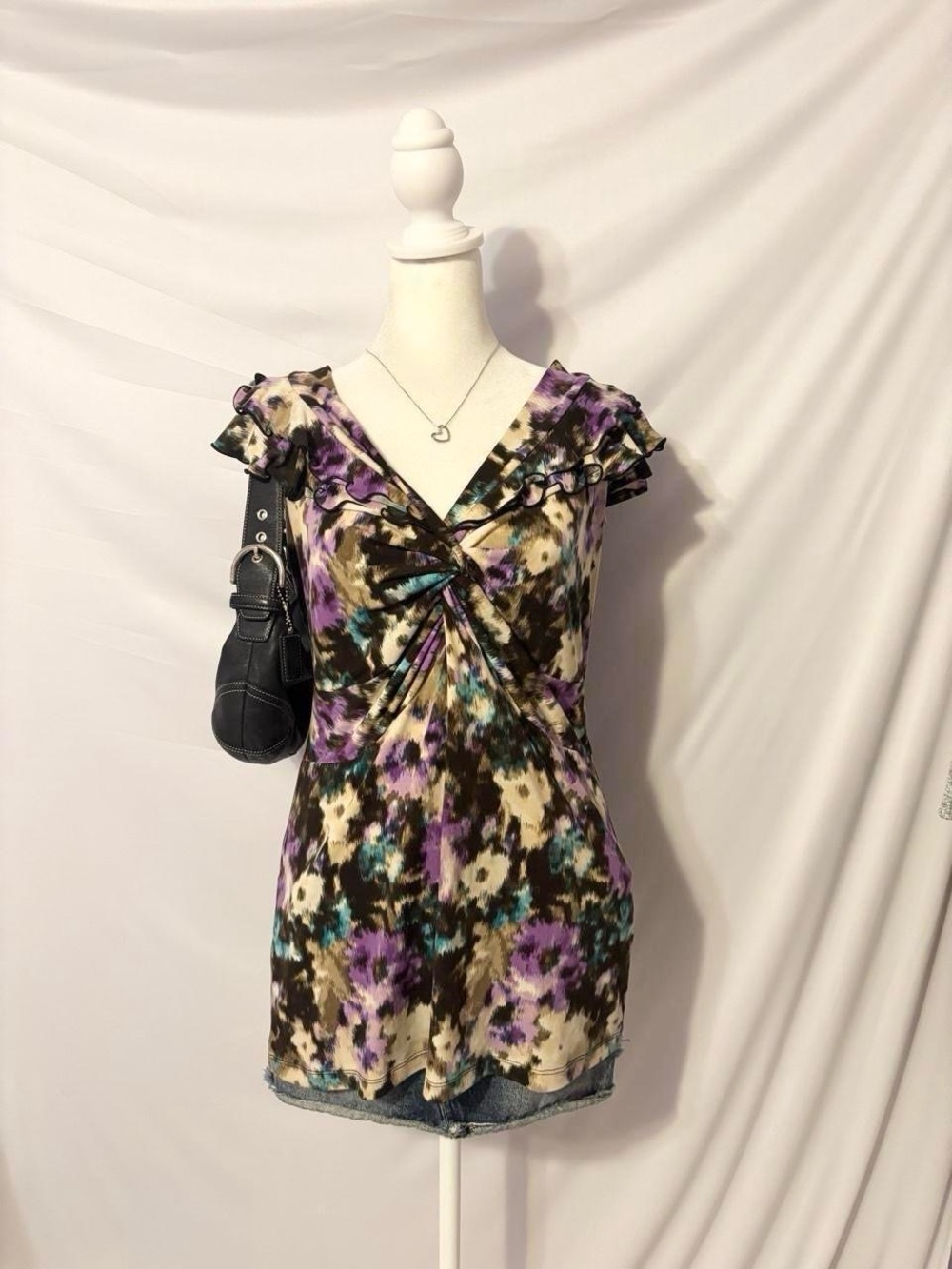Christopher & Banks Multicolored Ruffled Sleeveless V neck Ruched Blouse